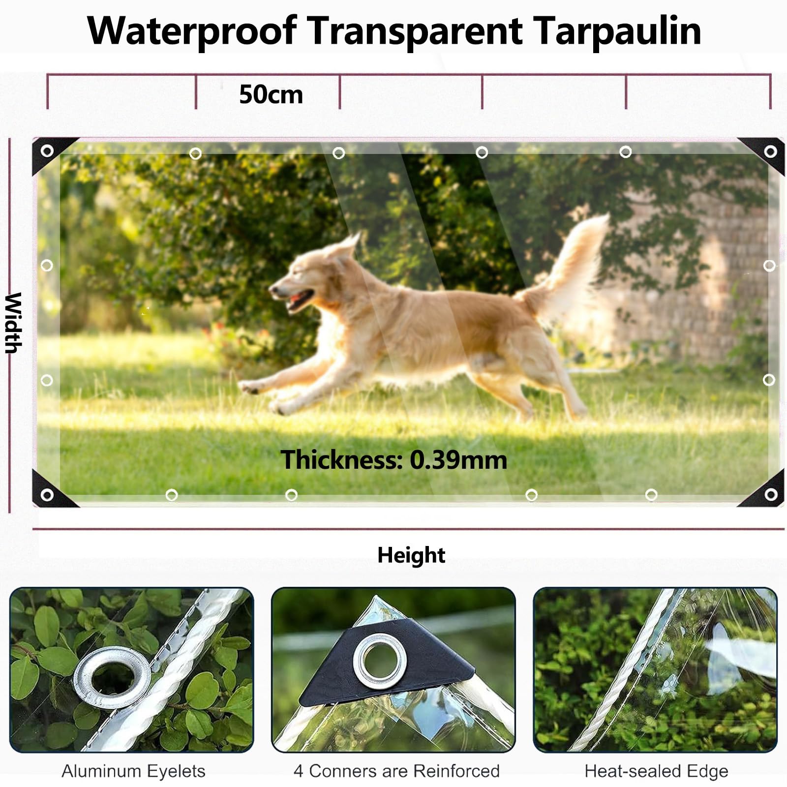 Plane Transparent Wasserdicht mit Ösen, 0,39mm Stark 2x3m PVC Abdeckplane, Außenbereich Wetterfeste Klarsichtfolie für Gartenmöbel Gewächshaus Carport Vordach Camping Balkon