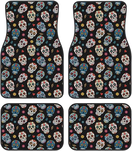 4 Piece Heavy Duty Automotive Floor Mats Set, Universal Fit All Weather with Anti-Slip for SUV, Sedan and Van, Day of The Dead Sugar Skull Cars Mat Set
