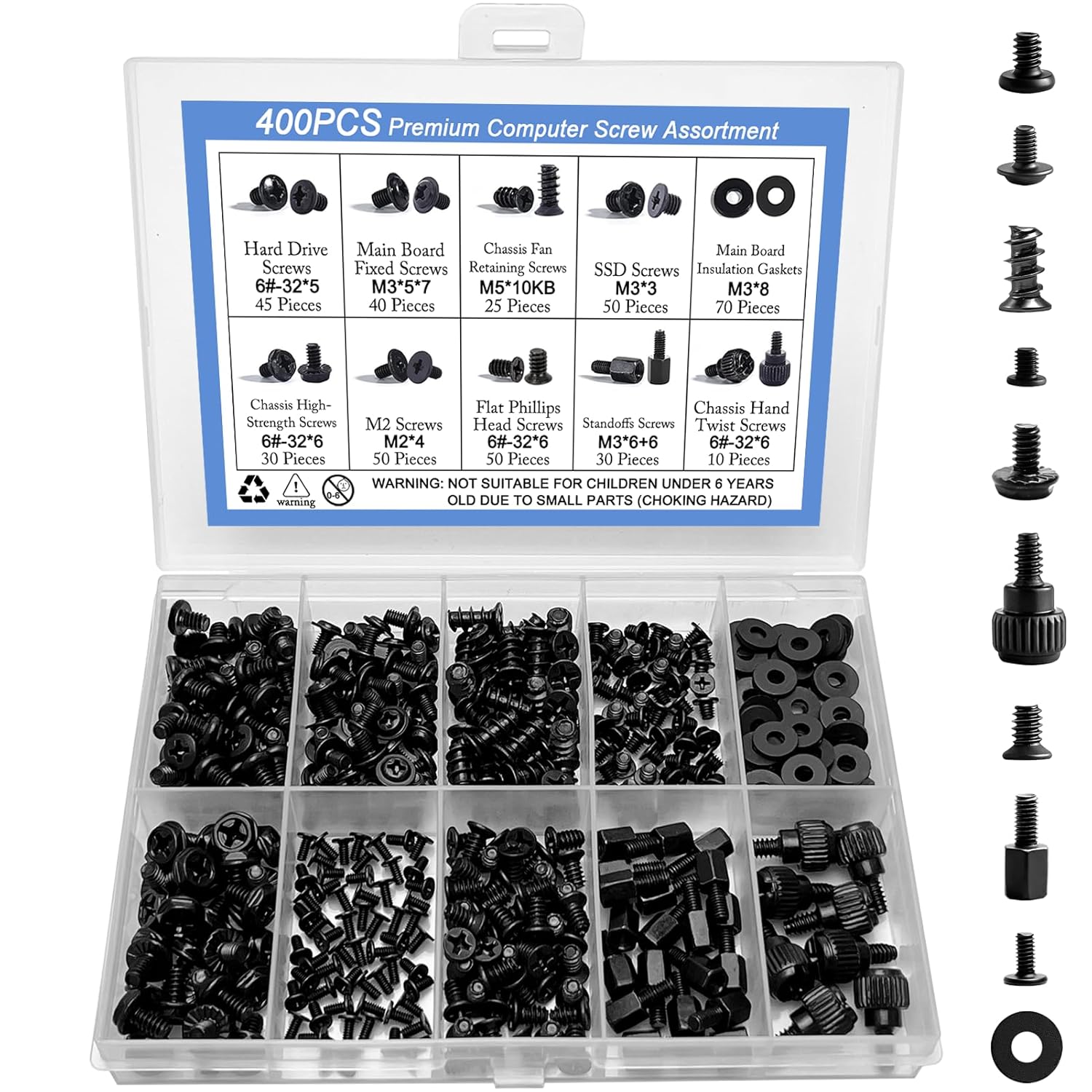 400Pcs Professional Computer Screws Assortment Kit, Motherboard standoffs pc screws kit |Compatible with PC Case, SSD, Hard Drive, GPU, Fan & More| for DIY PC Building, Installation and Repair