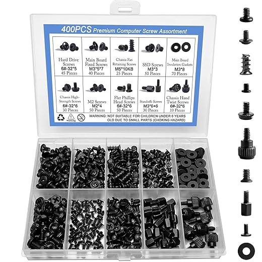400Pcs Professional Computer Screws Assortment Kit, Motherboard standoffs pc screws kit |Compatible with PC Case, SSD, Hard Drive, GPU, Fan & More| for DIY PC Building, Installation and Repair