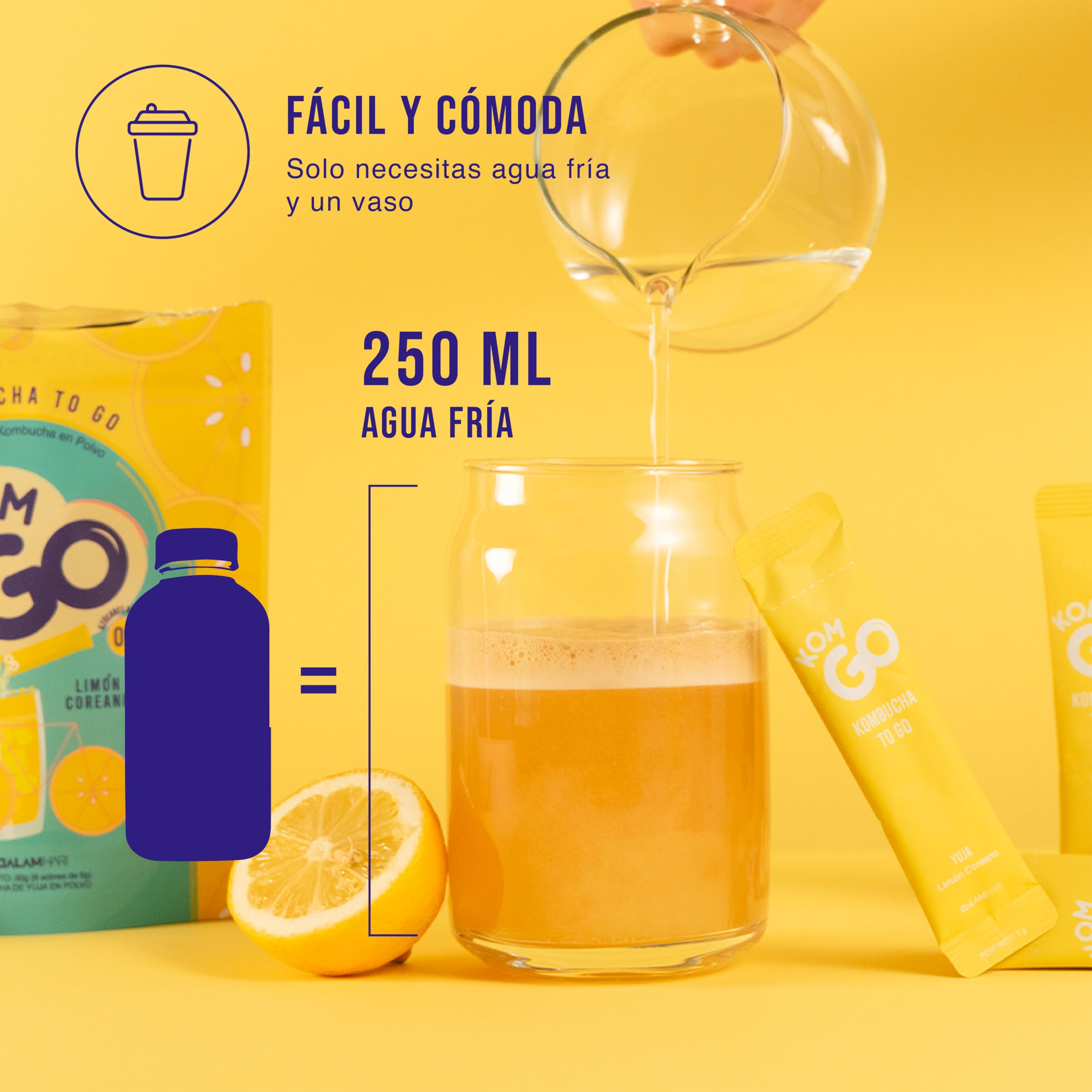 KOMGO Kombucha en Polvo Bebida Instantánea con Probióticos y Antioxidantes 15 Kcal Limón Coreano