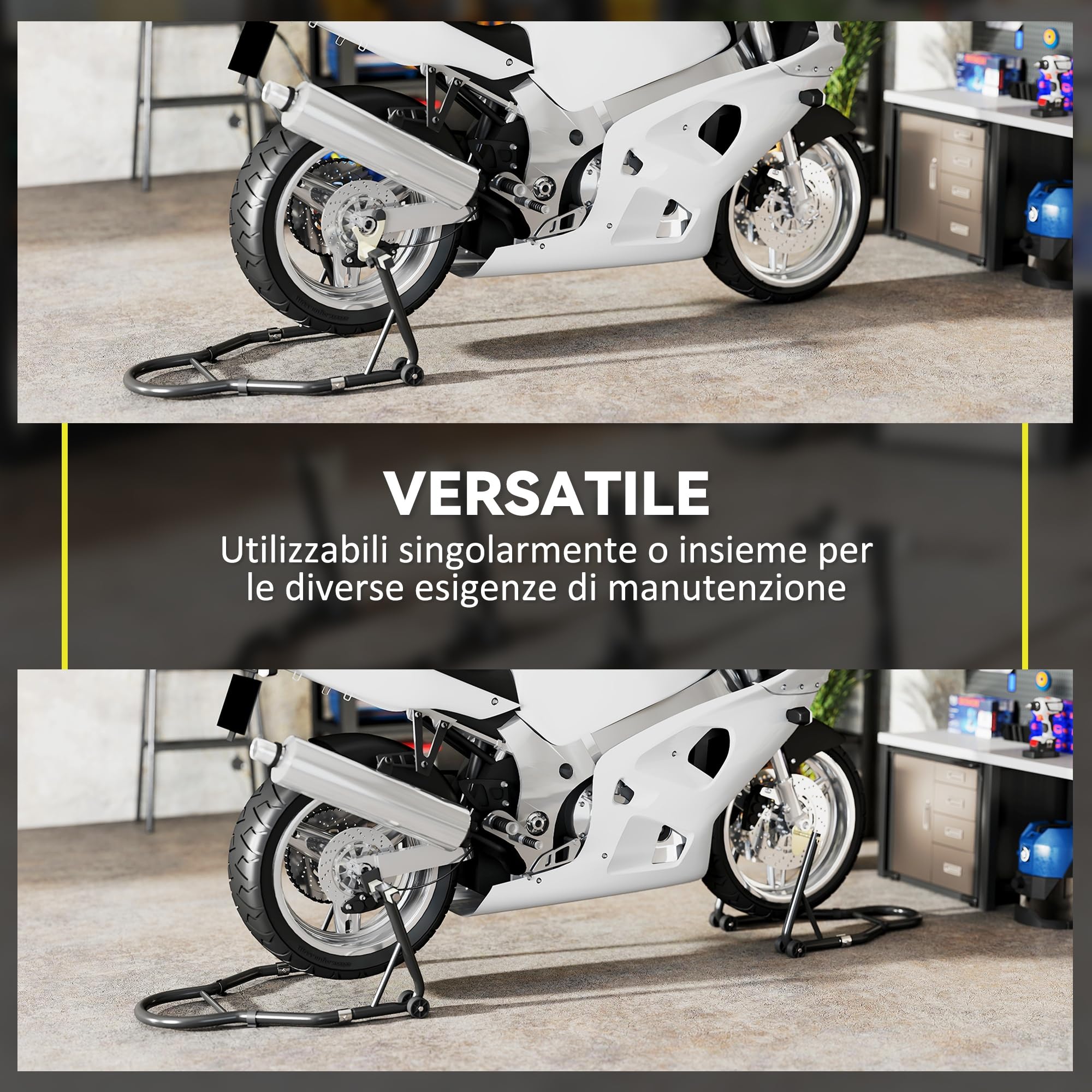 HOMCOM Set 2 Cavalletti Alzamoto Regolabili a Triangolo con Capacità di 390 kg, Cavalletti per Moto Posteriore e Anteriore in Acciaio con Rotelle e Forcelle a U e L, per Garage e Officina, Nero