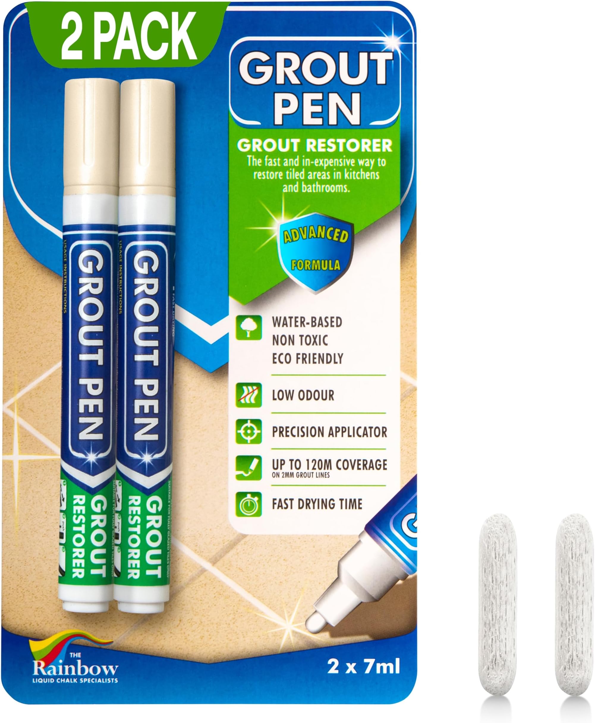 Twin Pack (CREAM) Grout Pen - Designed for restoring tile grout in bathrooms & kitchens