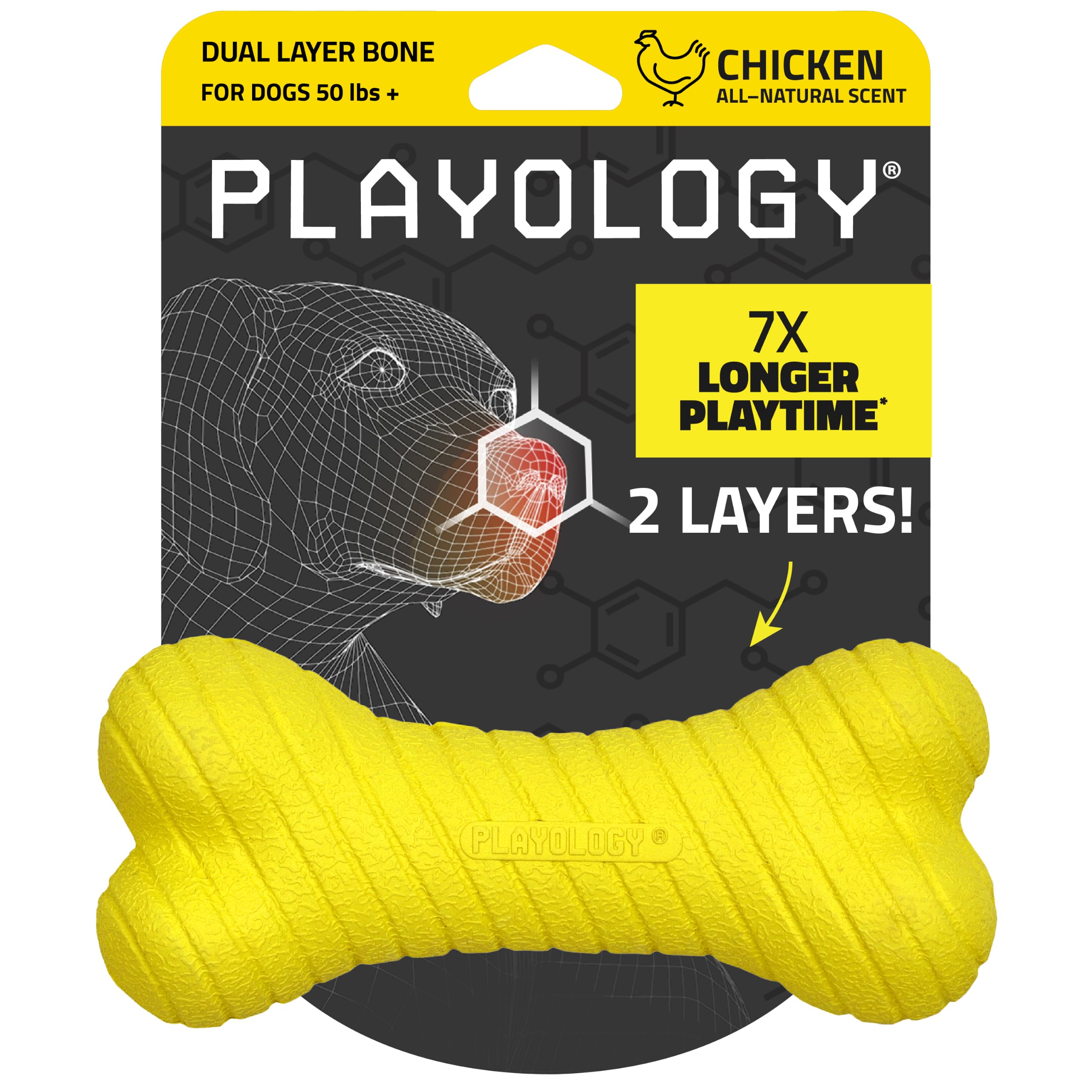 Playology Zweilagiges Knochenspielzeug – ansprechendes Hundespielzeug mit natürlichem Huhnduft, groß – Kauen, Werfen, Apportieren und Spielen | Gummi-Konstruktion, natürlicher Duft, robustes Design, verhüllende Dufttechnologie, 22,7 kg plus Rassen, Gelb