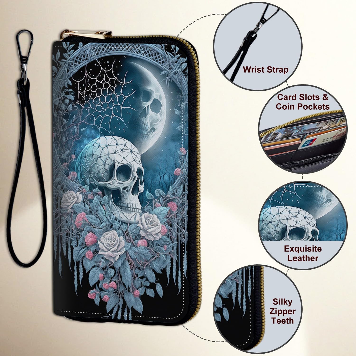 Wristlet Wallet for Women Teen Girls RFID Blocking Credit Card Holder with Removable Wristlet, Leather Phone Wallet Clutch Large Capacity Ladies Travel Purse-Skull Roses Floral