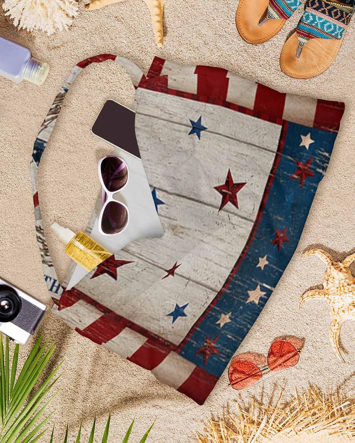 Country Red Blue Star Beach Pool Patio Lounge Chaise Chair Cover Towel With Pockets,Absorbent & Quick Dry Microfiber Towel Cover Bag Summer Accessories for Sunbathing Independence Day Rustic Flag