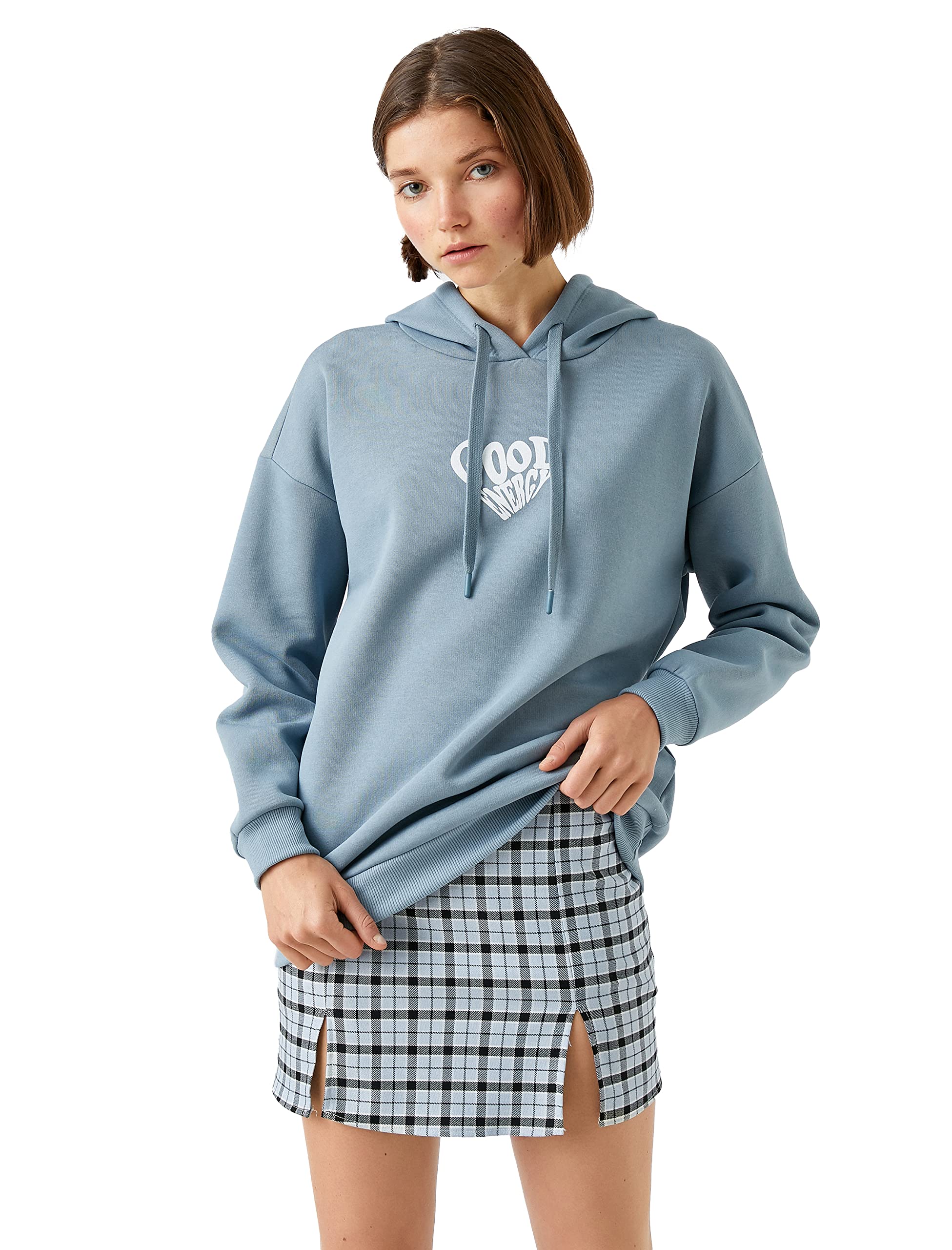 Oversize Baskılı Sweatshirt Kapüşonlu İçi Polarlı