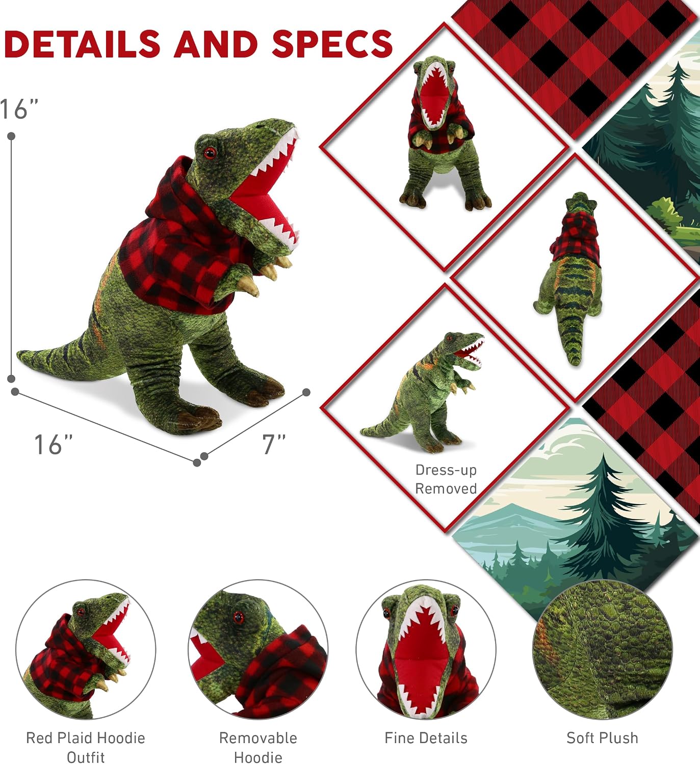 DolliBu Wild Collection Tyrannosaurus Rex Dinosaur Stuffed Animal with Plaid Red Hoodie Sweater and Personalization - T-Rex Plush Lumberjack Stuffed Toy with Plaid Jacket Dress Up - 16 Inches