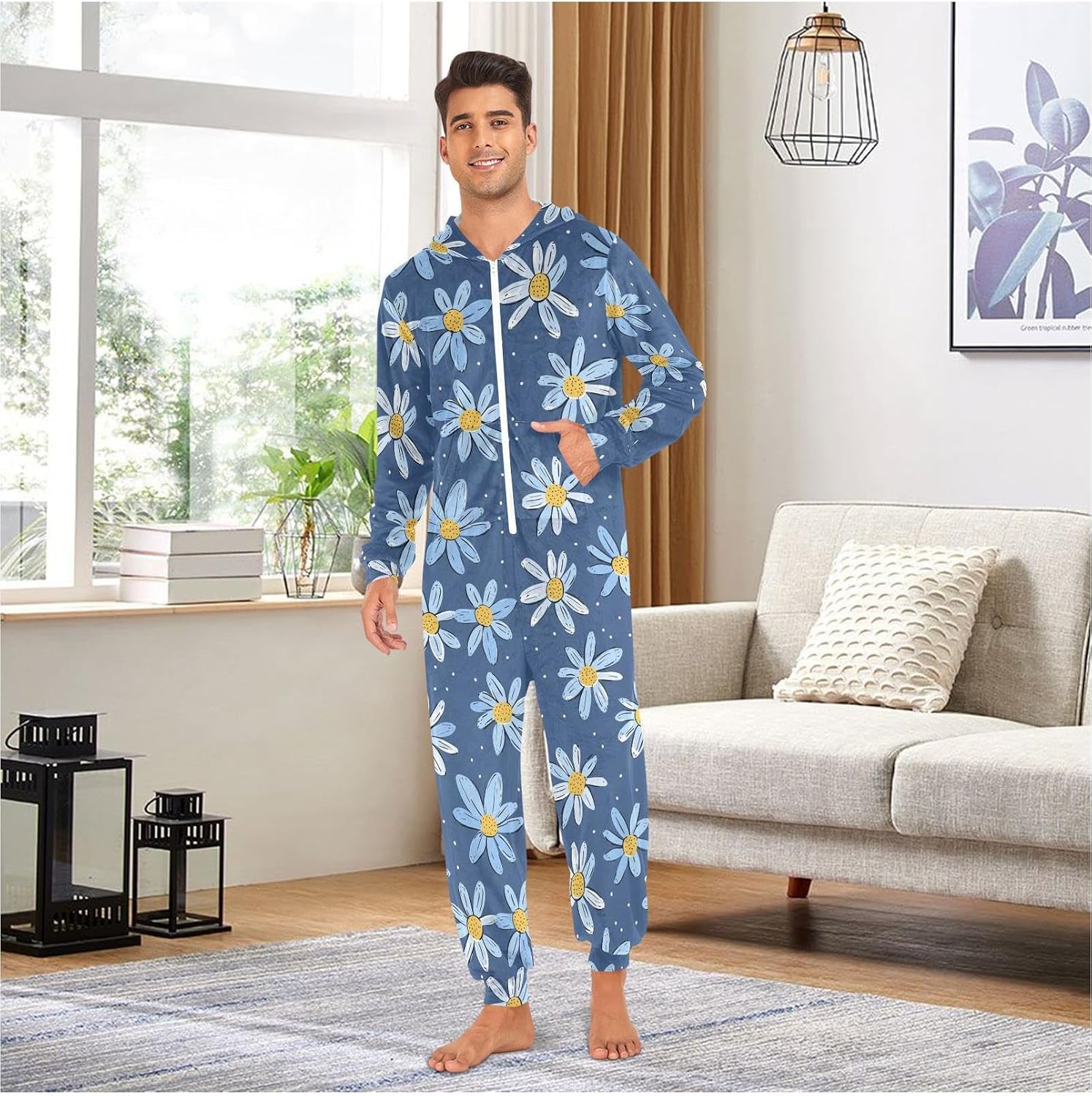 ZZKKO Blue Flowers Hand-drawn Style Adult Onesie Pajamas for Women Men Cozy One Piece Pajamas Costume Zip-Up Hooded S-XL