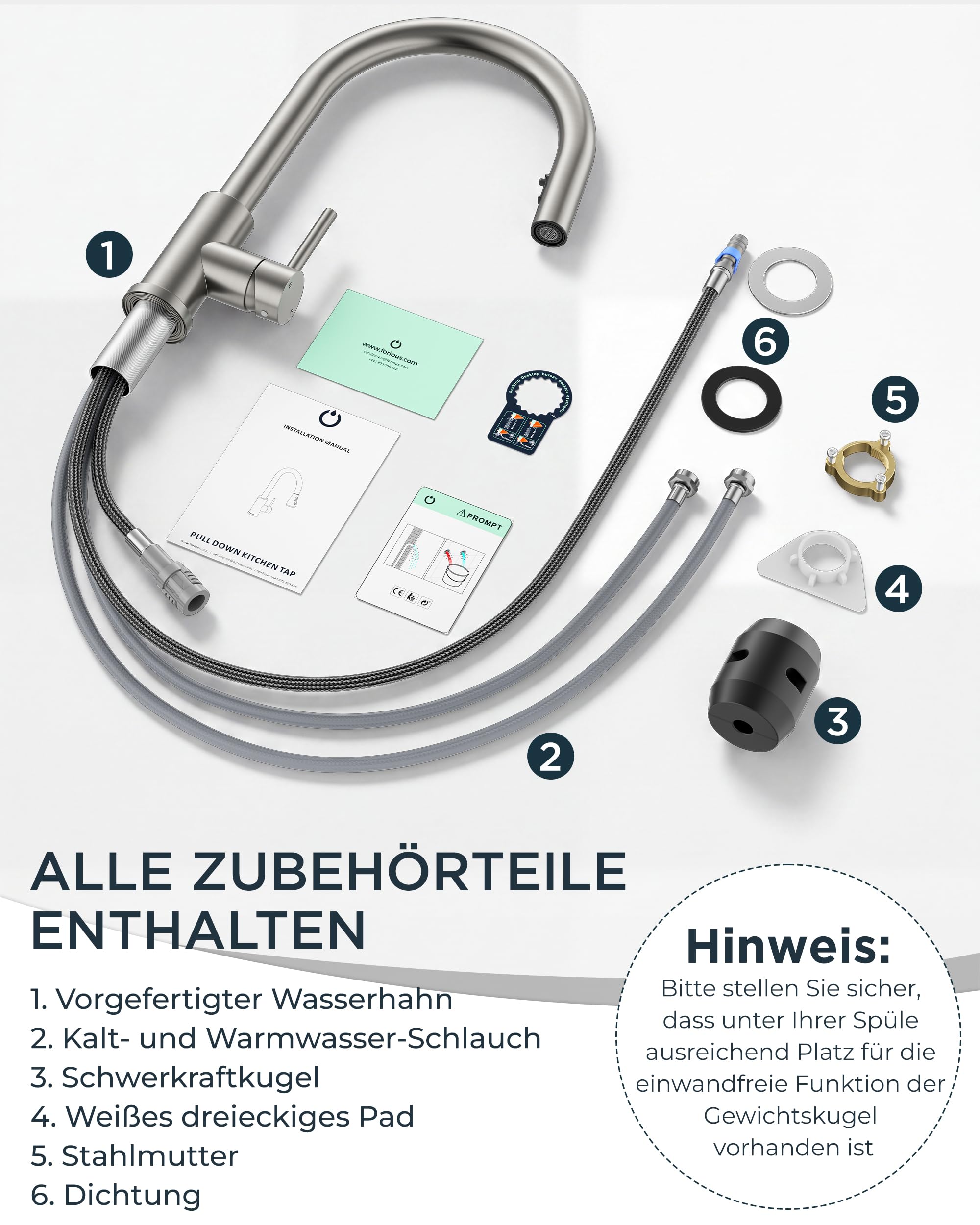 FORIOUS Wasserhahn Küche, Mischbatterie Küche mit Ausziehbar, Hochgebogene Küchenarmatur mit 2 Sprüharten, 360° Schwenkbar, Edelstahl