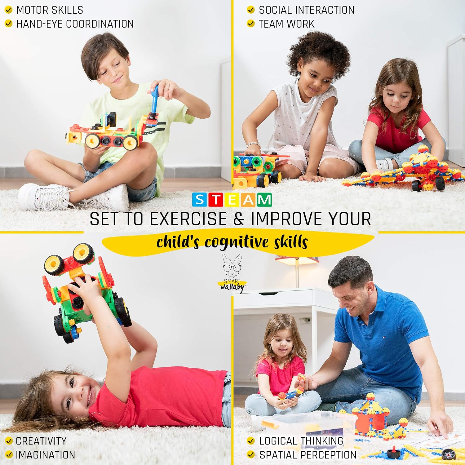 SMART WALLABY 4 STEM Building Sets Bundle | 2 * Educational Block Toy Sets with Tools (160 pc. Balls & Joints + 101 pc. Bolts & Nuts) + 2 * Flexi - Vehicles Sets | Boys & Girls Ages 3, 4, 5, 6, 7