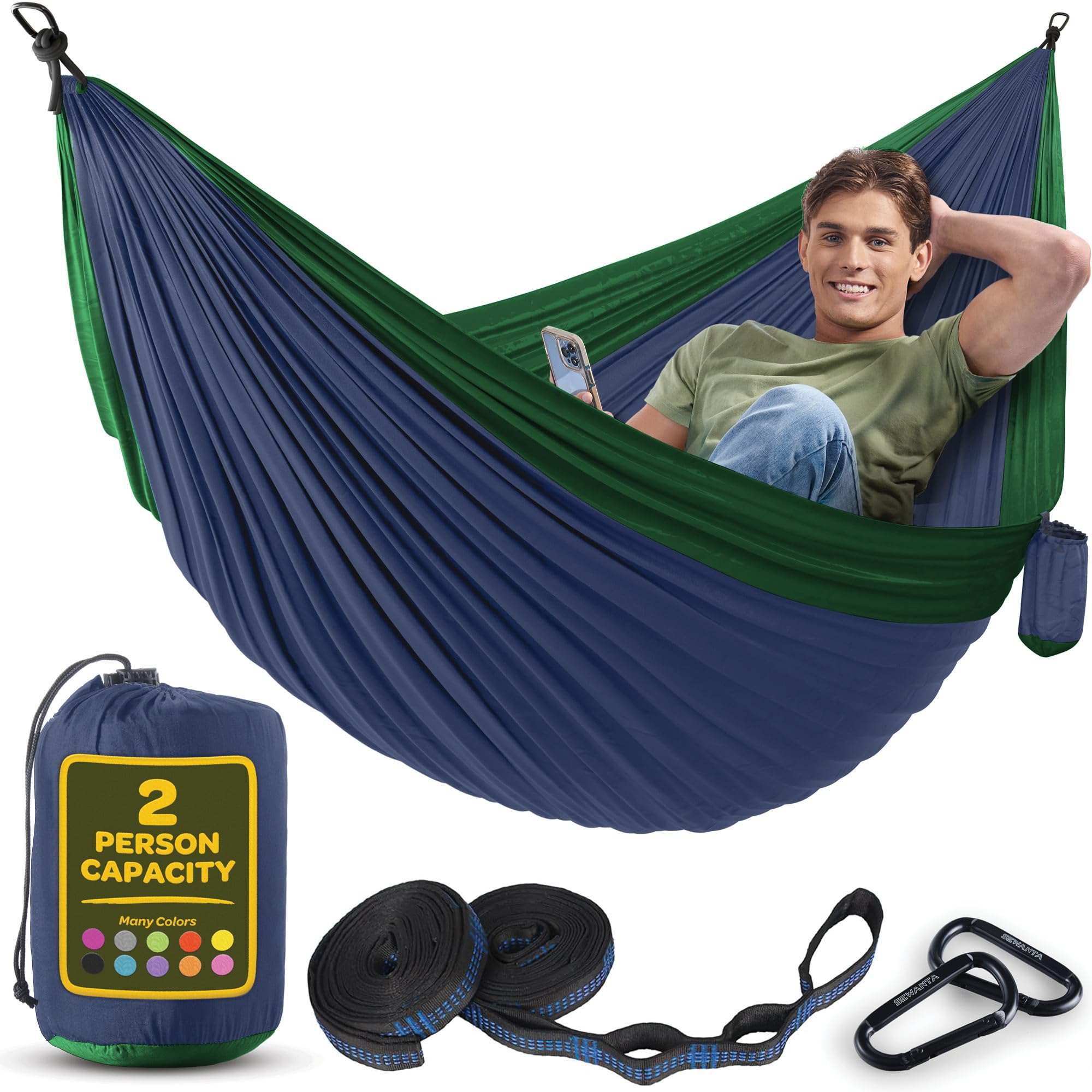 Durable Hammock 500 lb Capacity, Nylon Camping Hammock Chair - Double or Single Sizes w/Tree Straps and Attached Carry Bag - for Travel/Backpacking/