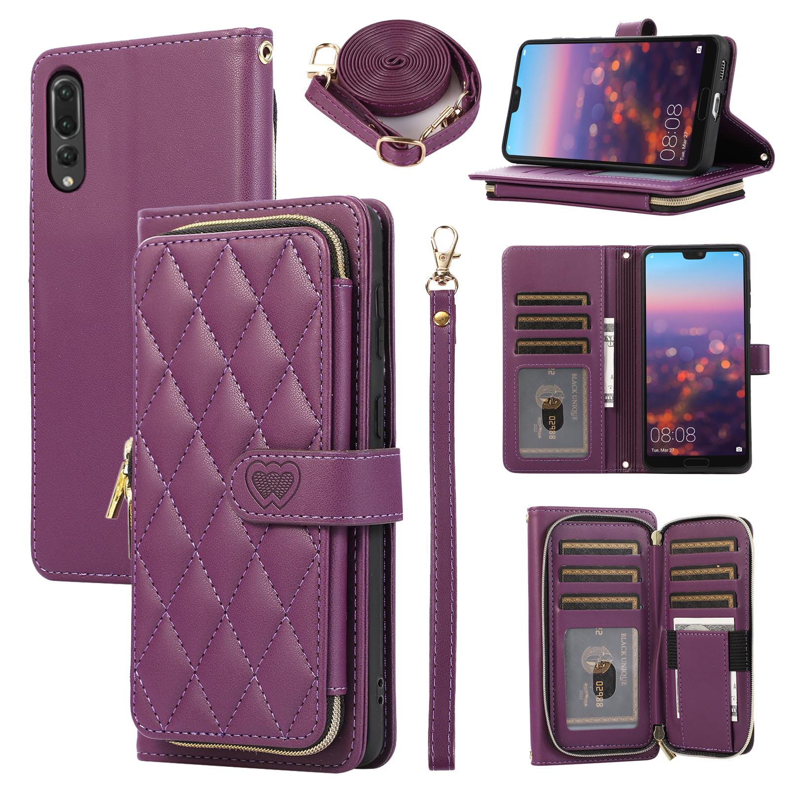 ELISORLI Wallet Case for Huawei P20 Pro with Wrist Strap,Crossbody Shoulder Strap,9 Card Slots Zipper Purse,Luxury PU Leather Stand Cell Accessories Phone Cover for Hawaii P 20Pro 20 P20pro Wine Red