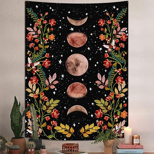 Lifeel - Tapiz de jardín con luz de luna, fase lunar rodeada de vides y flores, tapiz negro para decoración de pared