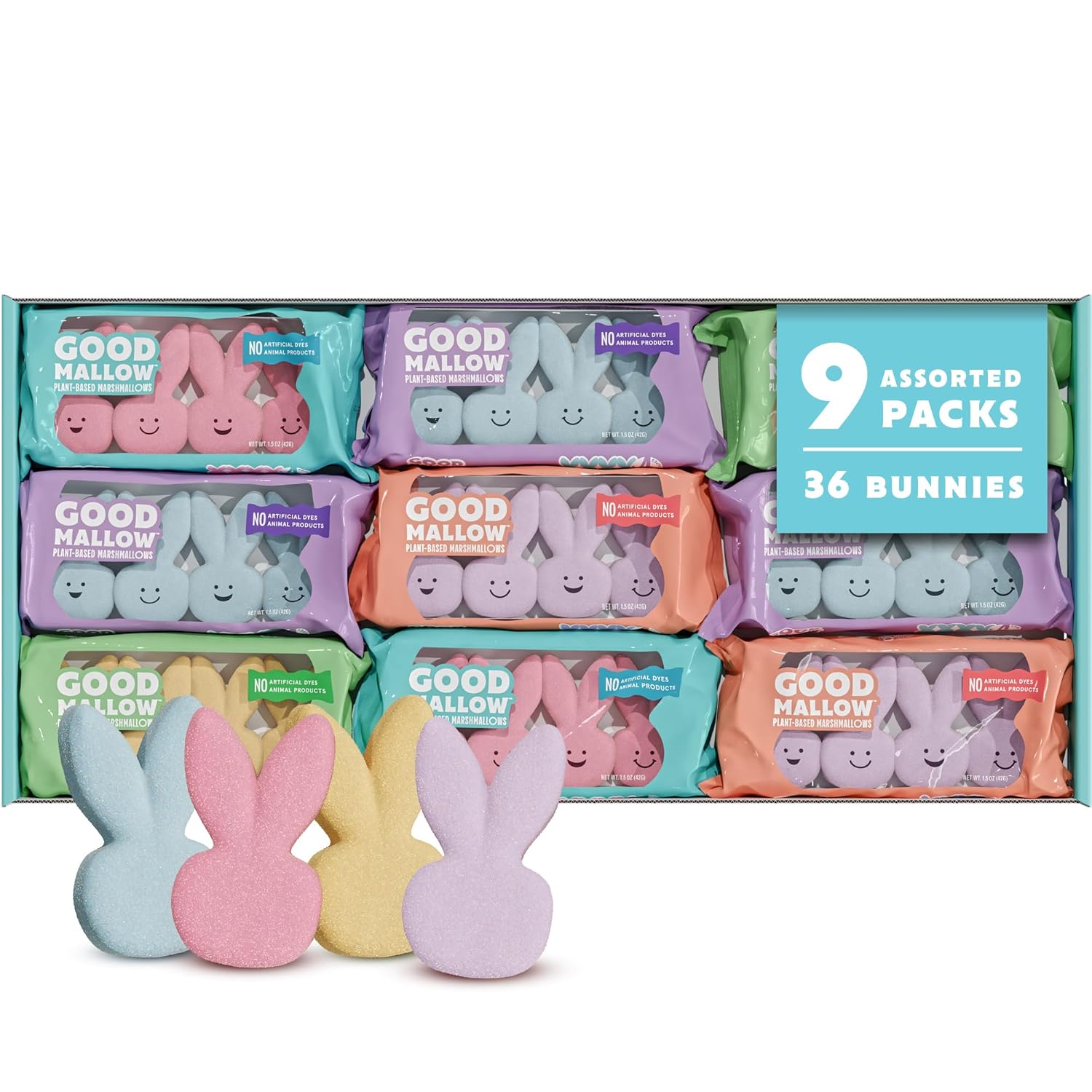 GoodMallow Plant-Based Easter Bunny Marshmallows – 9 x 4 Pack Assorted – 100% Vegan Marshmallows with No Artificial Dyes – Non-Dairy, Gluten Free, Gelatin Free Marshmellows, Easter Candy (36 Assorted Bunnies)
