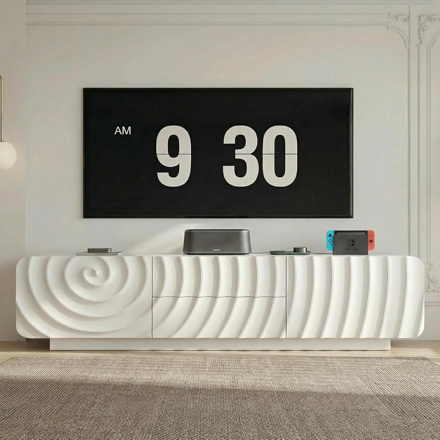 58'' Modern Spiral Wave TV Stand for 65 Inch TV, Media Console with Storage Cabinet & 2 Drawers, Rounded Corner Entertainment Center for Living Room Bedroom (White)