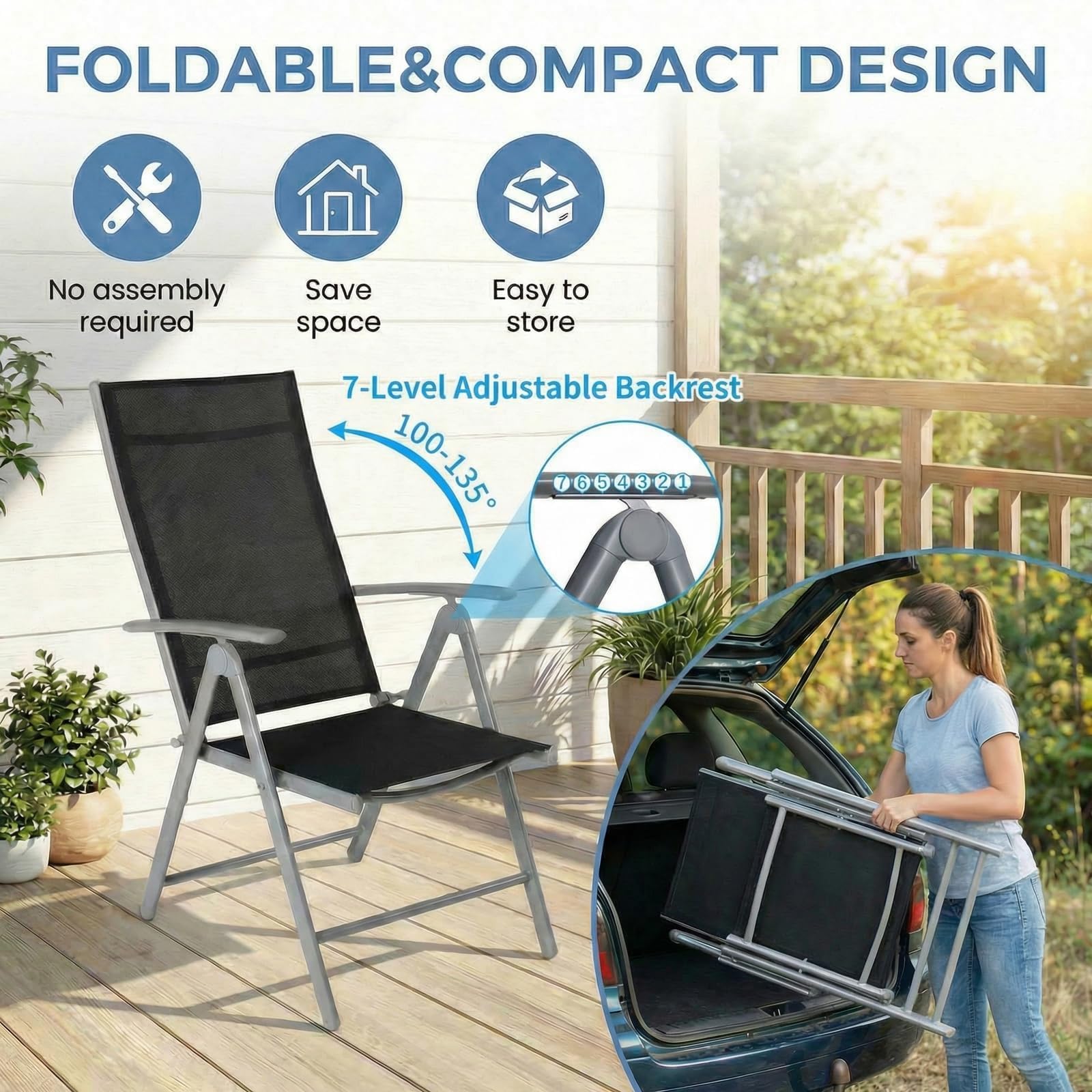 LIFERUN 5-Teiliges Gartenmöbel Set, Aluminium Balkonmöbel Set, 4pcs Verstellbare Hochlehner Klappstühle +110x70cm WPC Wetterfest Rechteckiger Terrassentisch,Essgruppe Sitzgruppe Outdoor, Silber Grau