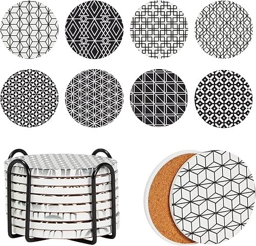 Miniatura 1 de Juvale Juego de 8 posavasos redondos de cerámica para bebidas con soporte y base de corcho, diseño geométrico (4 pulgadas)