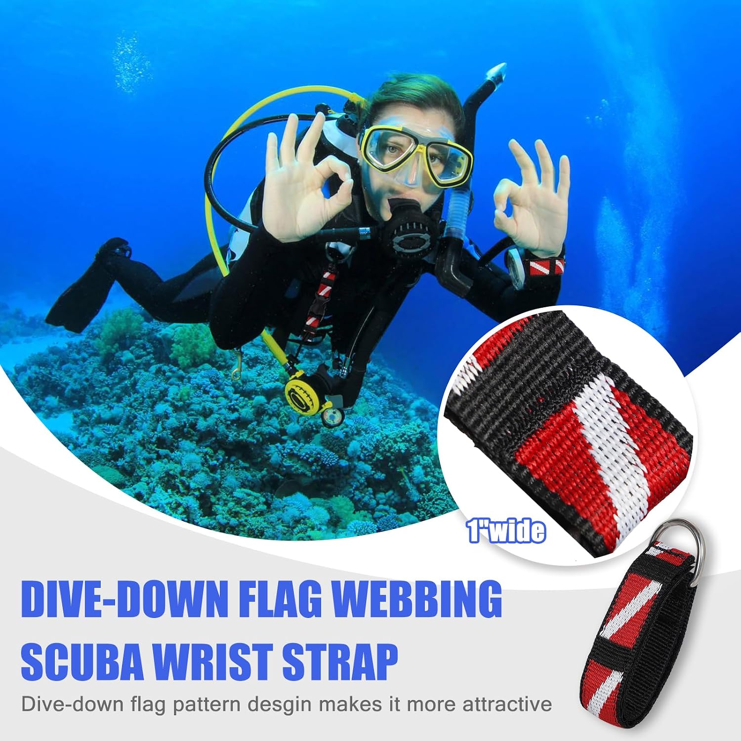 Scuba Diving Wrist Strap, Adjustable Dive Wristband with Stainless Steel D Ring for Flashlights, Cameras, Compass, Dive Slates, 2 PCS