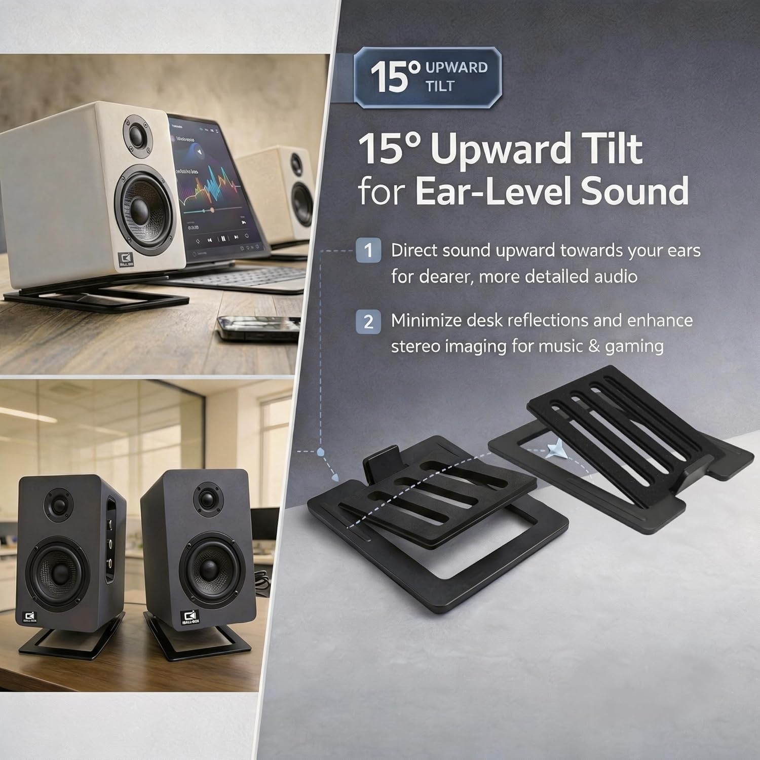 Tilted Desktop Speaker Stands for Computer Speakers, Small to Medium Speakers and Studio Monitors, Metal Speaker Stand Pair, Black
