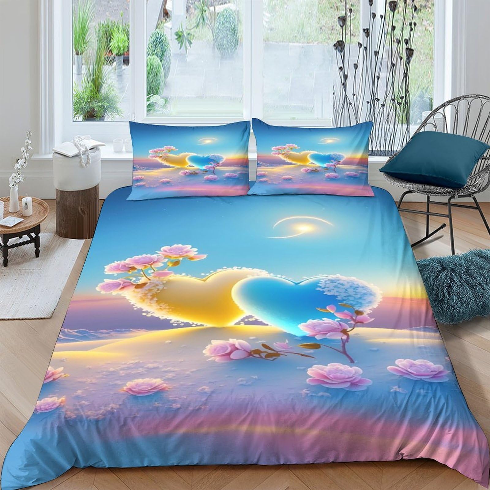 Ctjqhvkz Style-1 3D Printed Sunset Heart Fitted Sheet Microfiber Soft Pastel Love Cloud Bed Cover For Bedroom Dorm Decor Single（135X200cm）