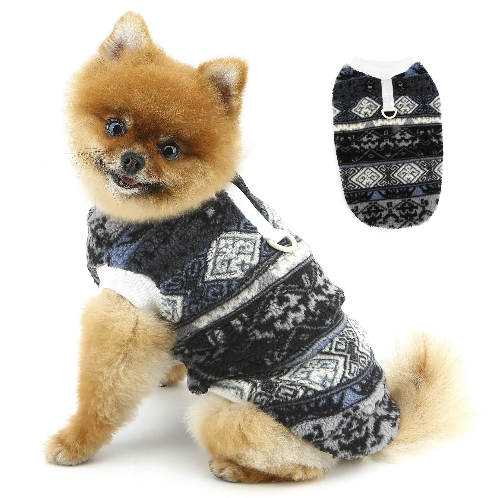 PAIDEFUL Fluffy Fleece Small Dog Jumper with D-Ring, Nordic Style Warm Puppy Pullover Vest, Soft Thermal Winter Pet Clothing for Chihuahua Yorkie Cat,Grey,S