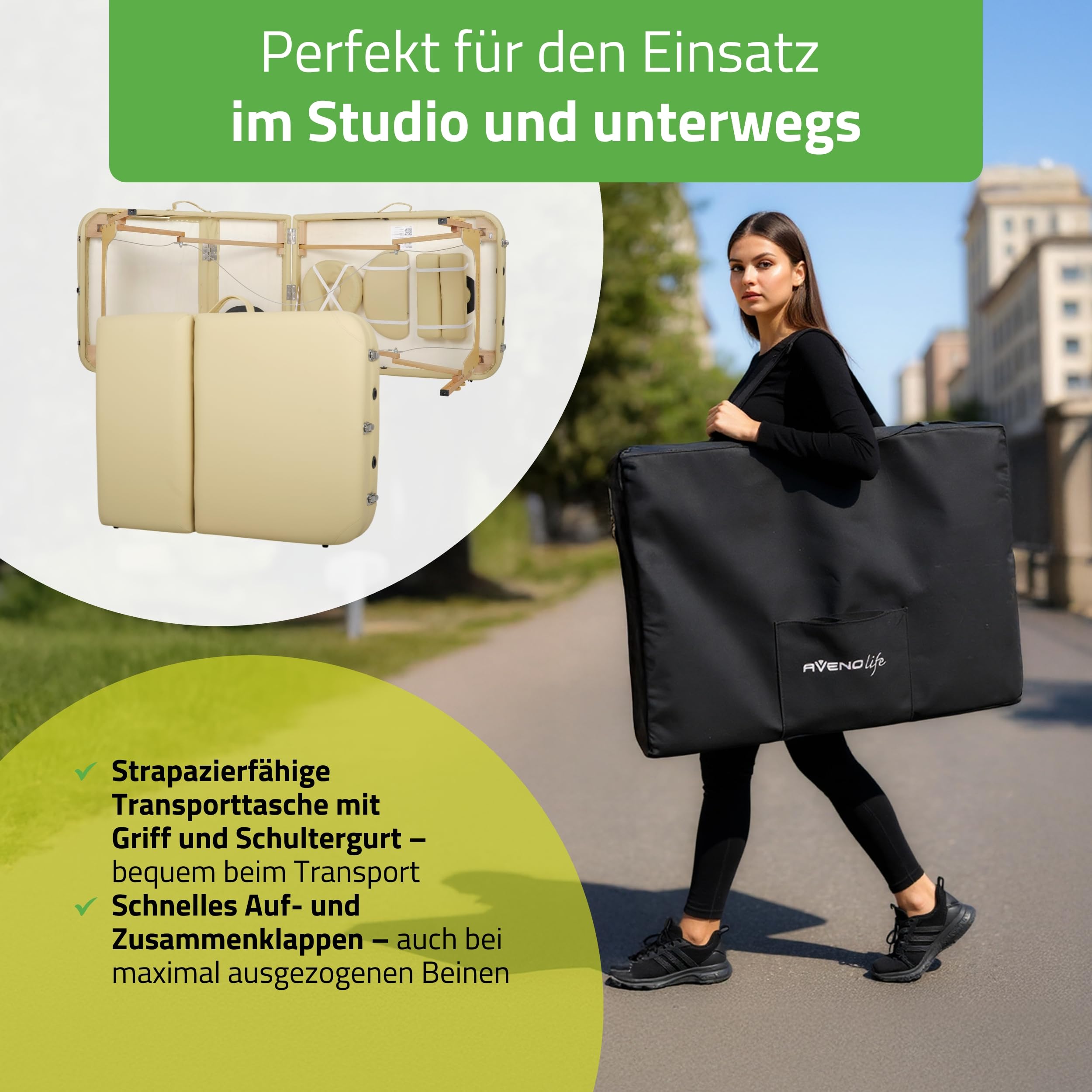 HABYS Mobile Massageliege Klappbar aus Holz 3 Zonen 185×70cm Verstellbare Rückenlehne 48° Massagetisch mit Kopfstütze Tragetasche bis 250 kg