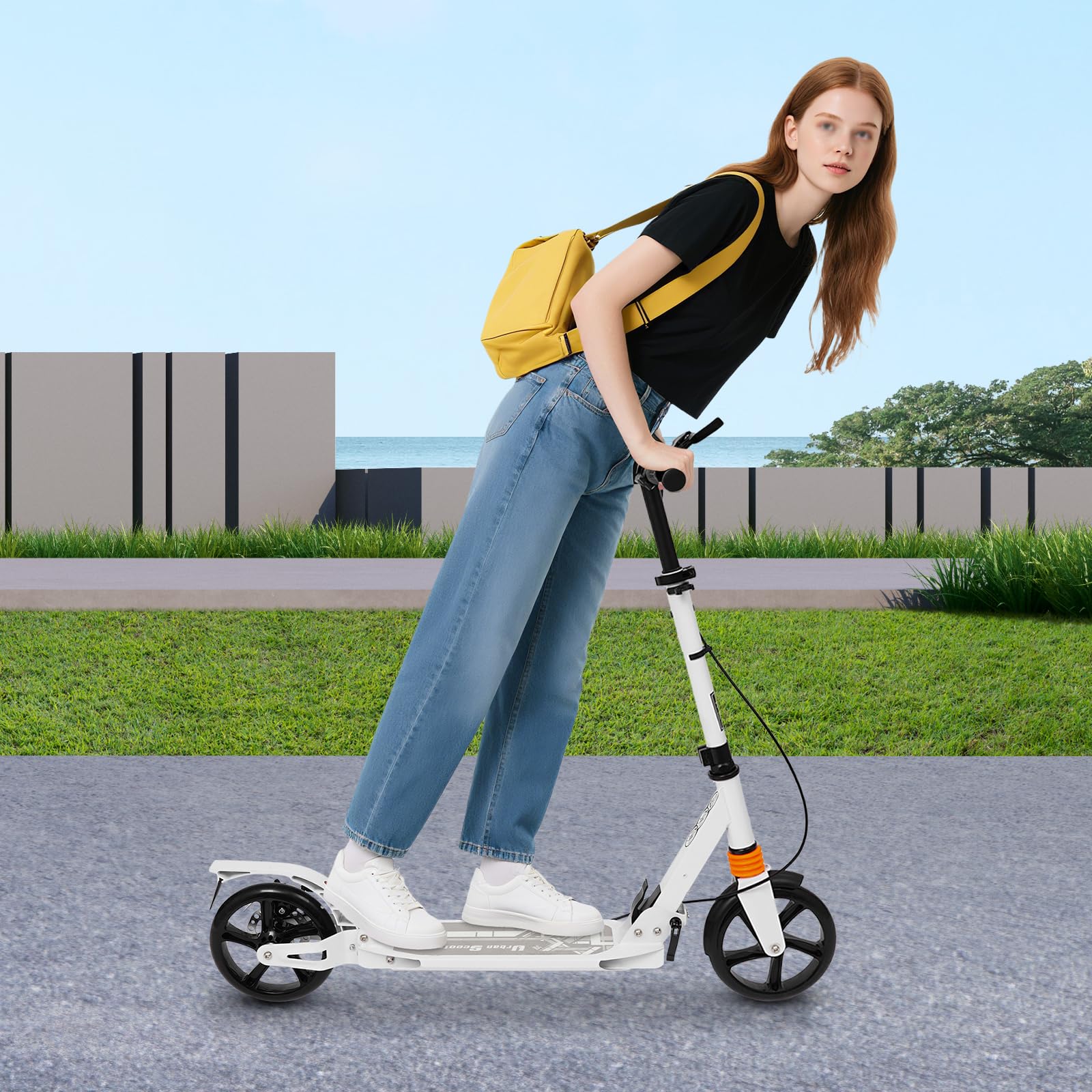 Monopattino pieghevole per adulti e ragazzi, regolabile in altezza 93-107 cm, portata fino a 100 kg, con doppio freno, pieghevole, per città e tempo libero, bianco