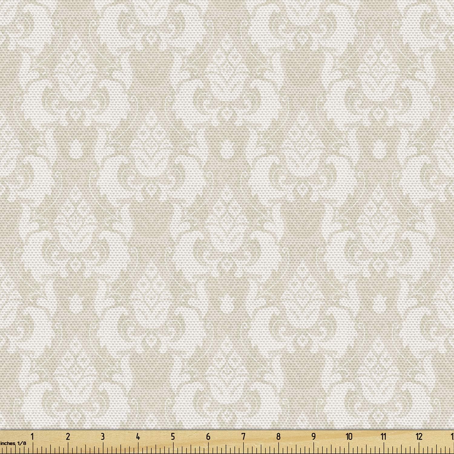 Lunarable Cream Fabric by The Yard, Old Fashioned Damask Motifs Pattern Floral Antique Art Inspiration Vintage Revival Style, Decorative Fabric for Upholstery and Home Accents, Beige