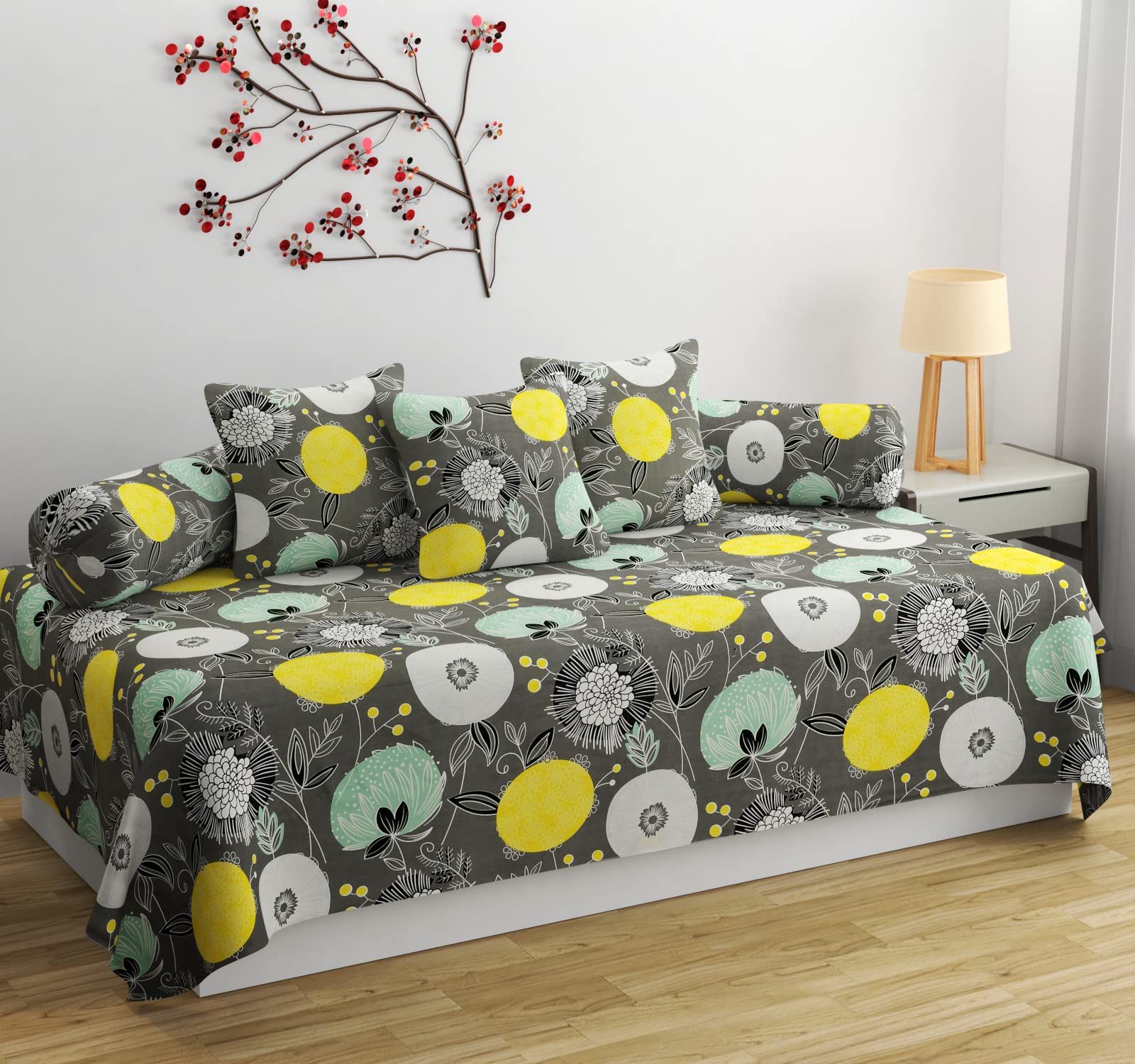 SHOMES Pure Cotton Printed Diwan Set Covers 6 Pieces for Living Room - 1 Single Bed Sheet with 3 Cushion Covers, 2 Bolster Covers - Color Grey, Size Standard (Set of 6 Pcs)-image-6
