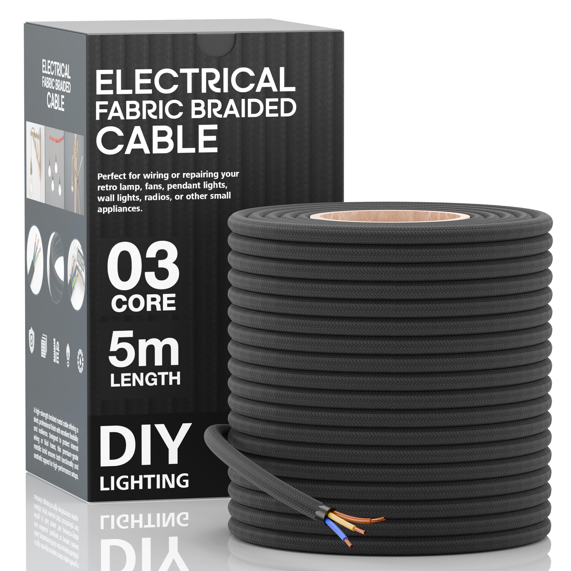 LEDSone 3 Core Round 5 Meter Black Fabric Braided Flex Lighting Cable, Vintage Electrical Cable Wire Flexible Fabric DIY Electrical Wire for Lamps, Flex Cables for Appliances
