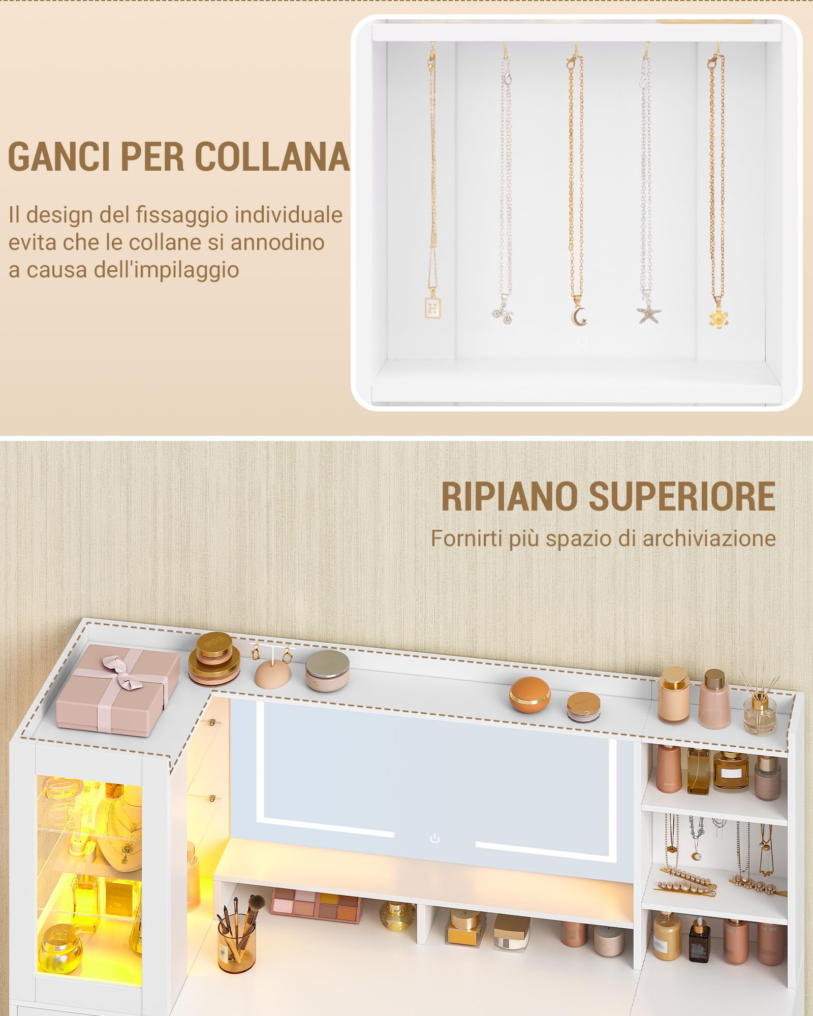 Hzuaneri 140 cm Toeletta Trucco, Postazione Trucco con Grande Specchio HD, Striscia Luminosa RGB, 10 Cassetti, 9 Scaffale Portaoggetti, per Camera da Letto, Ufficio, Bianco 1150003XEU