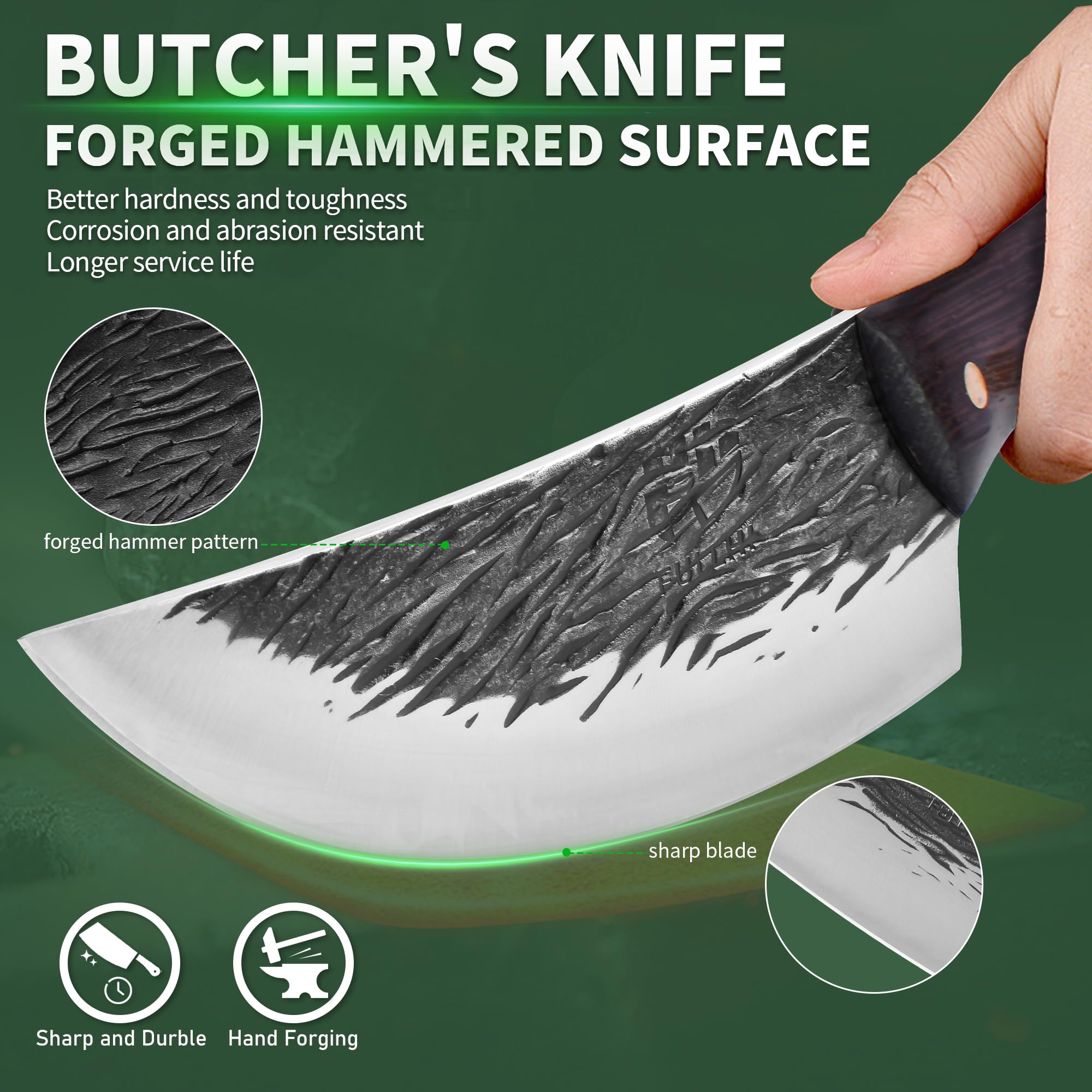 FULLHI Manico in legno Mannaia per carne pesante con fodero 2 pezzi, affettatrice in acciaio ad alto tenore di carbonio per la casa, il campeggio e il barbecue (Marrone, 17cm)