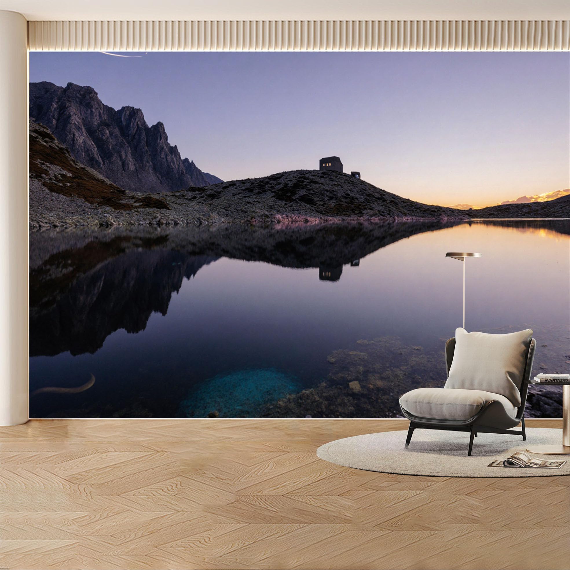 Custom Wall Mural Wallpaper Mountain Lake Landscape 3D Effect Wall Decor Large Wall Art Sunset Misty Removable SelfAdhesive Large Photo for Living Room， Bedroom， Office