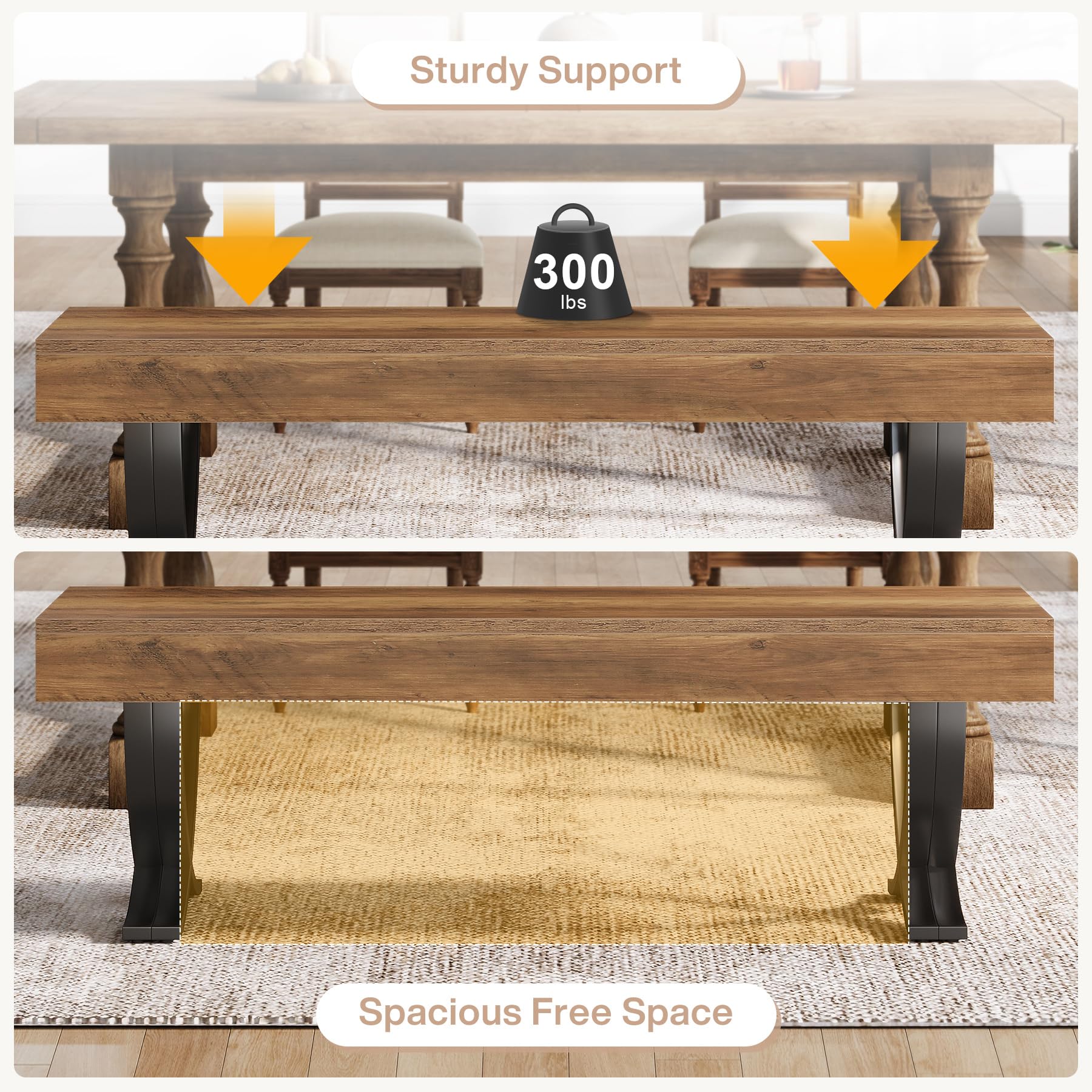 Tribesigns 55 Inches Farmhouse Dining Bench, Wooden Kitchen Table Seat with Metal X-Shaped Legs, Long Home Indoor Bench for Dining Room, Bedroom, Entryway, Mudroom (1)