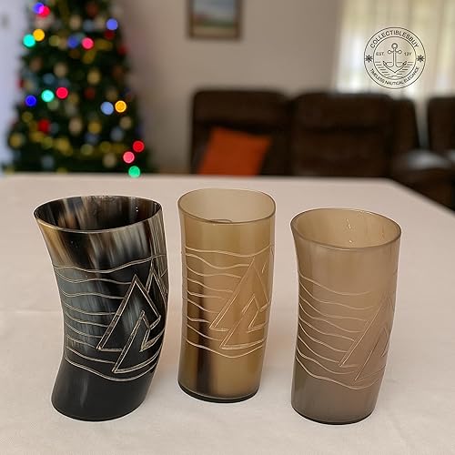 Miniatura 2 de Auténticos vasos de chupito vikingo con cuerno, juego de 3 tazas de cuerno natural hechas a mano para Mead, Ale, vino, decoración medieval de bar