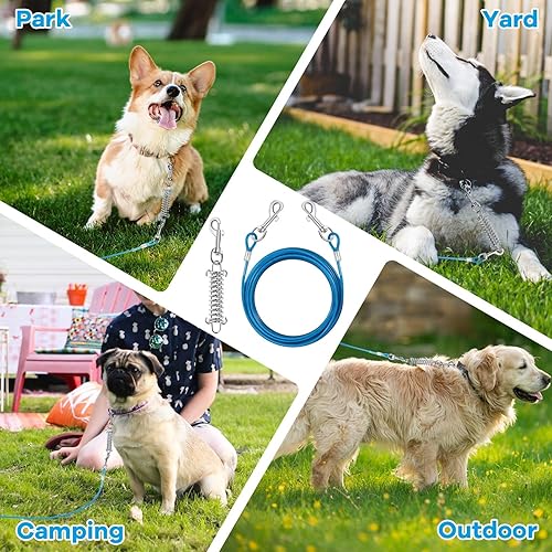 Miniatura 6 de Cable de amarre para perro, correa resistente de 30 pies con resorte de choque, hasta 250 libras, azul, acero, 30 pies