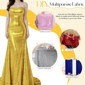 INVGEEXI Gold Sequin Fabric Yard, 3ft 1 Yard Sparkly Glitter Sequin Fabric for Wedding/Bridesmaid Dress, Party Costume, Tablecloth, DIY Sewing Project