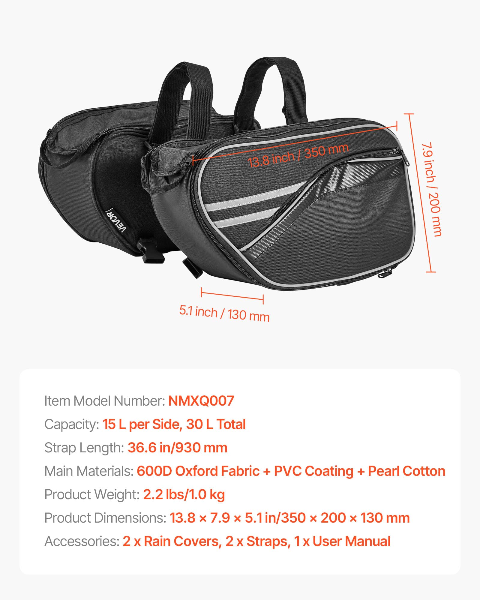VEVOR Motorrad-Satteltasche, 15 L x 2 große Kapazität, Seitensatteltasche mit wasserfester Regenhülle & Gurten, kompatibel mit den meisten Motorrädern, Gepäckaufbewahrungstasche Motorradgepäck