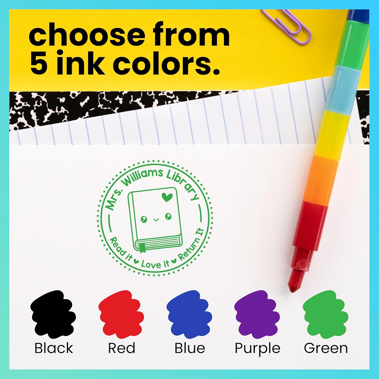 ExcelMark Personalized Teacher Book Stamps - Available in 39 Designs and 5 Color Options (Happy Bookmark)