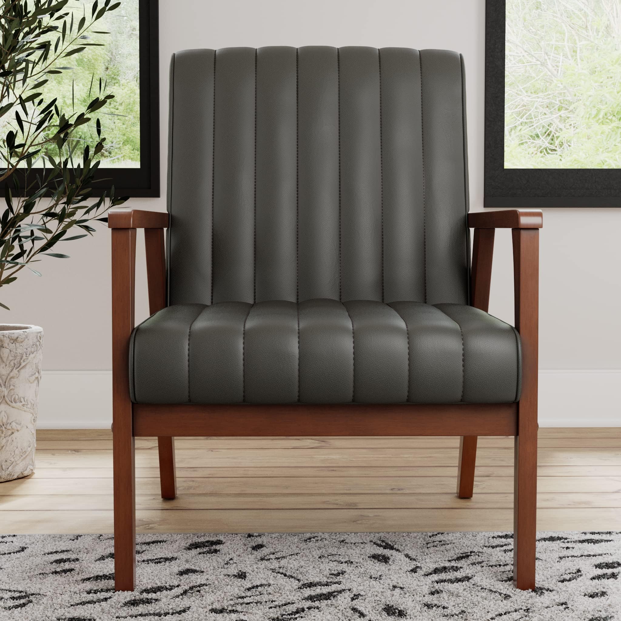 Carlton Exposed Wooden Arm Accent Chair for Living Room-Real Wood-Modern Channeled Tufting, Gray (EH0005CHR00FG)