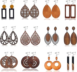 12 Pairs Wooden Clip on Earrings for Women African Natural Wood Earrings Bohemian Boho Earrings Lightweight Drop Dangle Earrings Set Ethnic Statement African Jewelry
