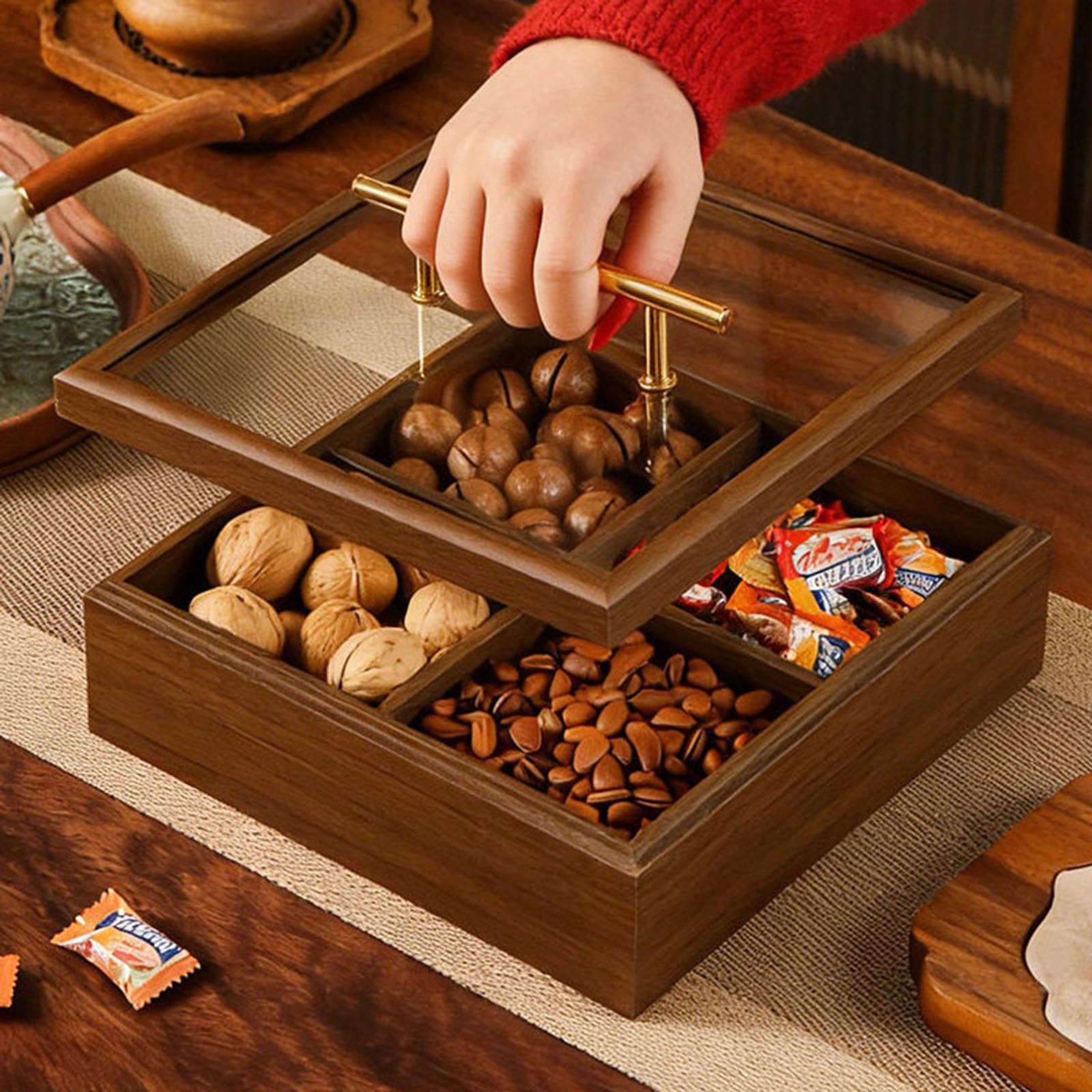 Plateau De Service En Bois Et Verre Avec Couvercle,Plateau De Rangement Séparé En Bois Massif Pour Fruits Secs Et Fruits Secs,Plat De Service Adapté À Maison Bureau Et Mariage