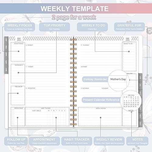 Miniatura 4 de Agenda semanal y mensual 2024, calendario anual de planificación de tareas 2024, agenda 2024 con pestañas mensuales, bolsillo interior, cubierta