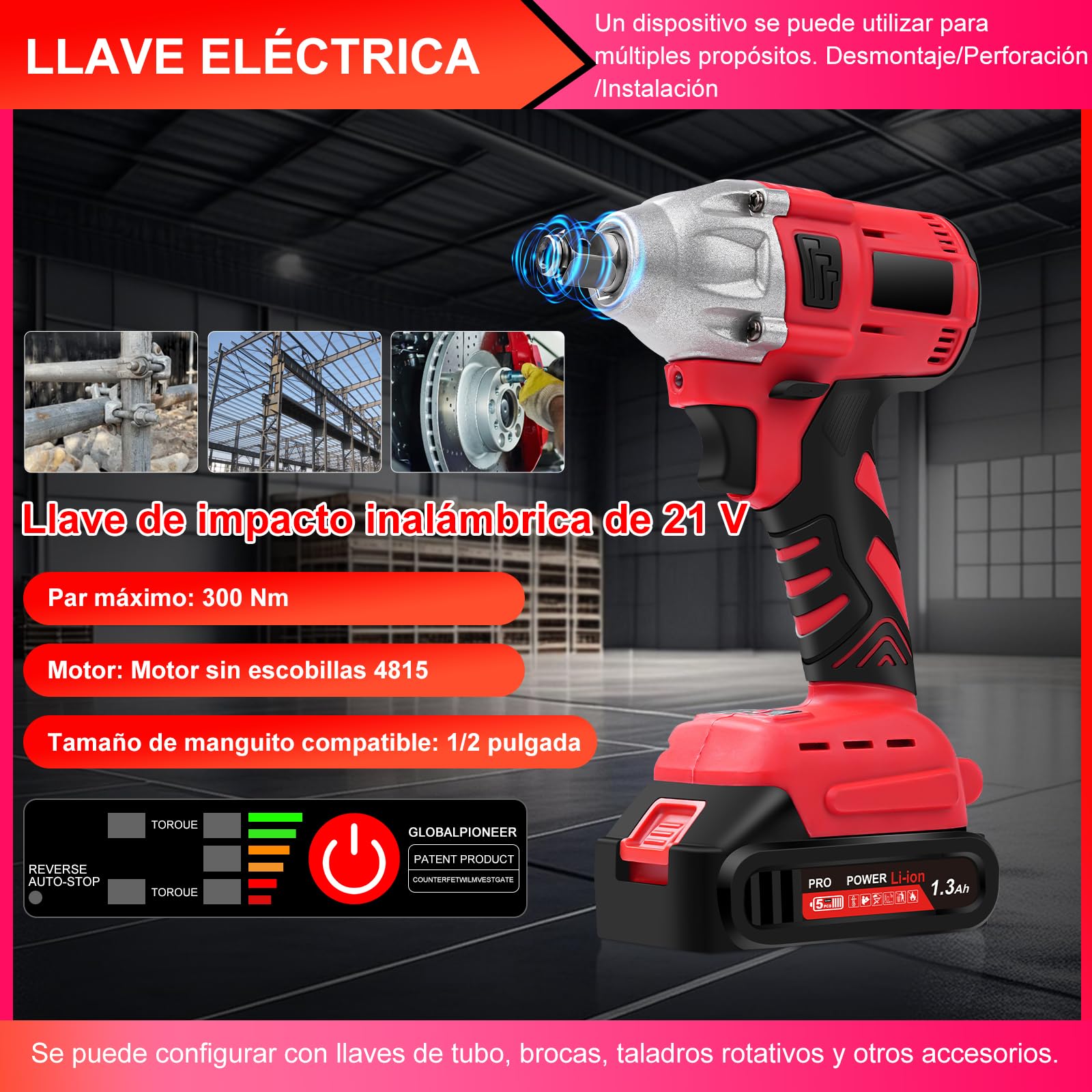 Llave de Impacto a Batería, 300Nm 1/2" Pistola de Impacto Electrica Llave de Impacto Inalámbrica sin Escobillas con 1300mAh Baterías,Atornillador de Impacto con luz led Para Coche/Cortacésped