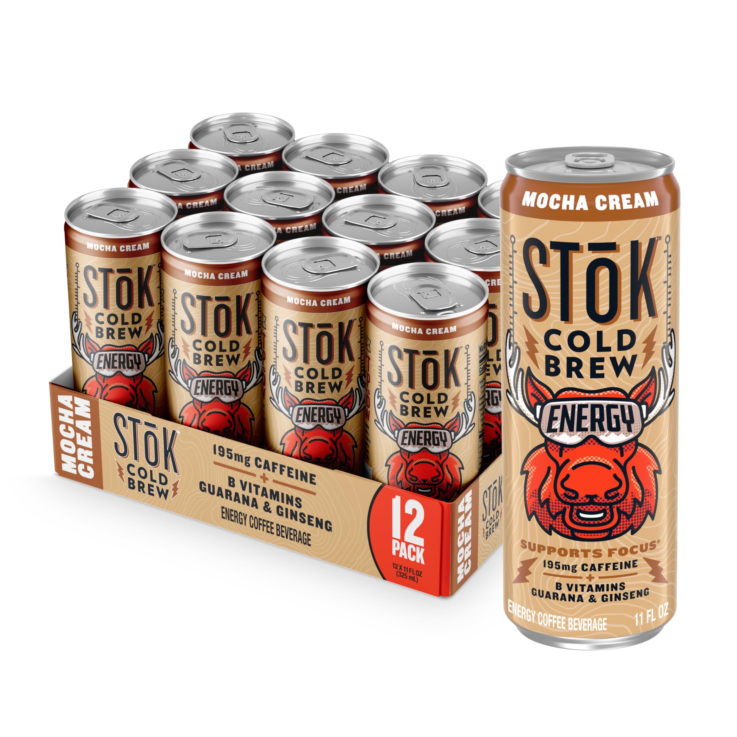 SToK Cold Brew Energy Mocha Cream, Energy Coffee Beverage with 195mg Caffeine to Help Support Focus, Canned Coffee with B-Vitamins, Guarana and