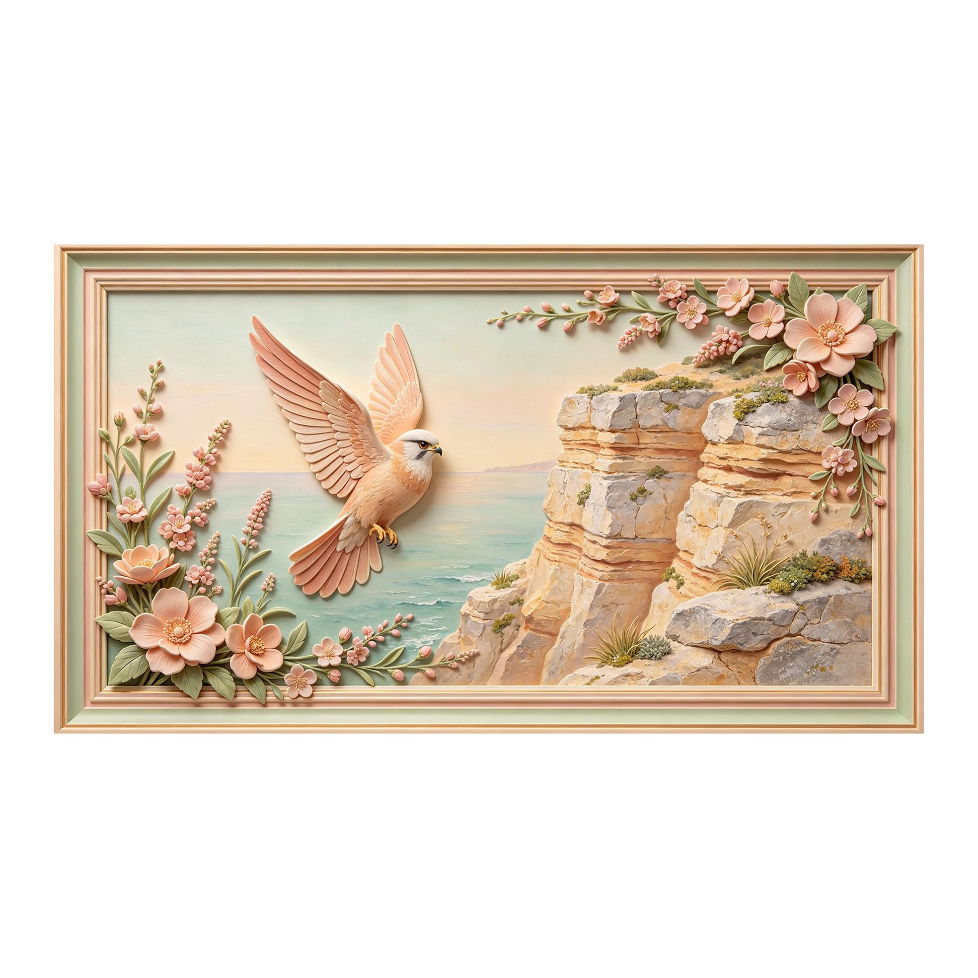 Yzpallescene 3D 3D Framed Wall Art 50cm×90cm Coastal Cliff Seascape Floral Bird Relief Effect Large Size SelfAdhesive Removable Wall Decor Prints Artwork for Living Room Bedroom Office