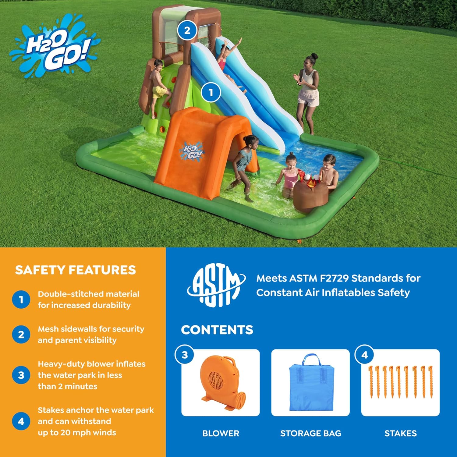 H2OGO! Inflatable Mega Water Park, Happy Camper 14'8" x 11' x 8' 2" Kids Play Center with Campfire Toys, Water Slide, Climbing Wall, & Splash Pool
