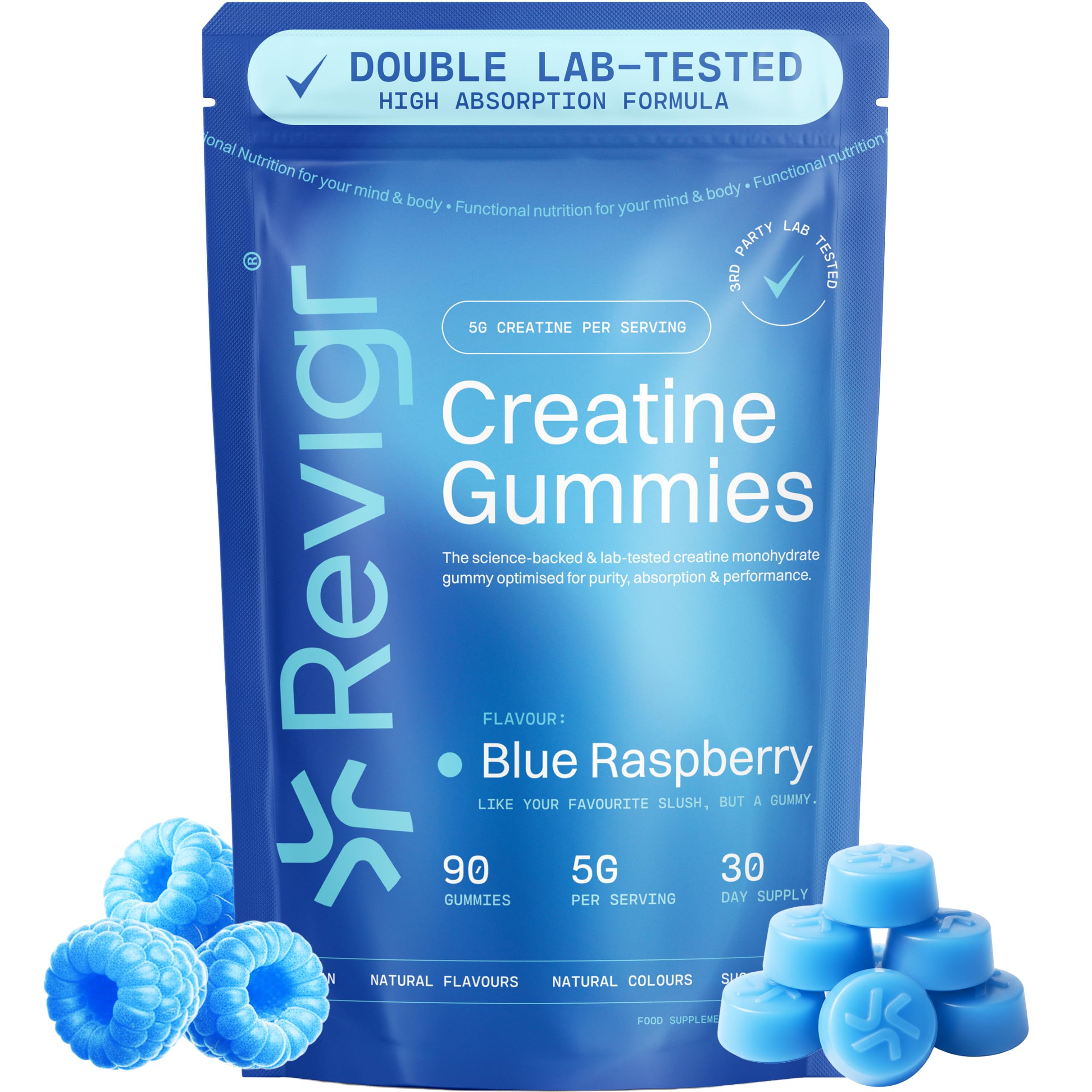Max 5000mg Lab Tested with COA, 90 Creatine Monohydrate Gummies, Vegan & Sugar-Free, Premium Pre-Workout, Gym Supplement (1 Month Supply) (Blue Raspberry)