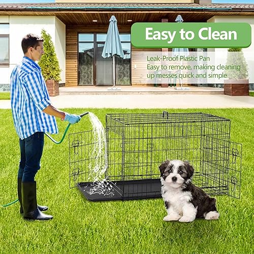 Miniatura 26 de Jaula para perros extra grande de 48 pulgadas, diseño de doble puerta a prueba de fugas con panel divisor, plegable con bandeja extraíble, uso